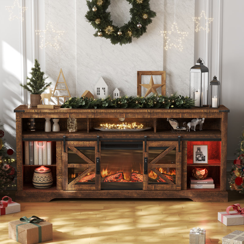 Farmhouse Fireplace TV Stand For 85" TV With Led Light & Timer, Brown