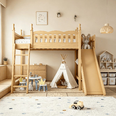 Lit mezzanine pour enfants, lit mezzanine avec garde-corps multi-tablettes et garde-robe, lits mezzanine en bois massif avec glissières et échelles détachables, aucun sommier nécessaire, lit mezzanine pour tout-petit