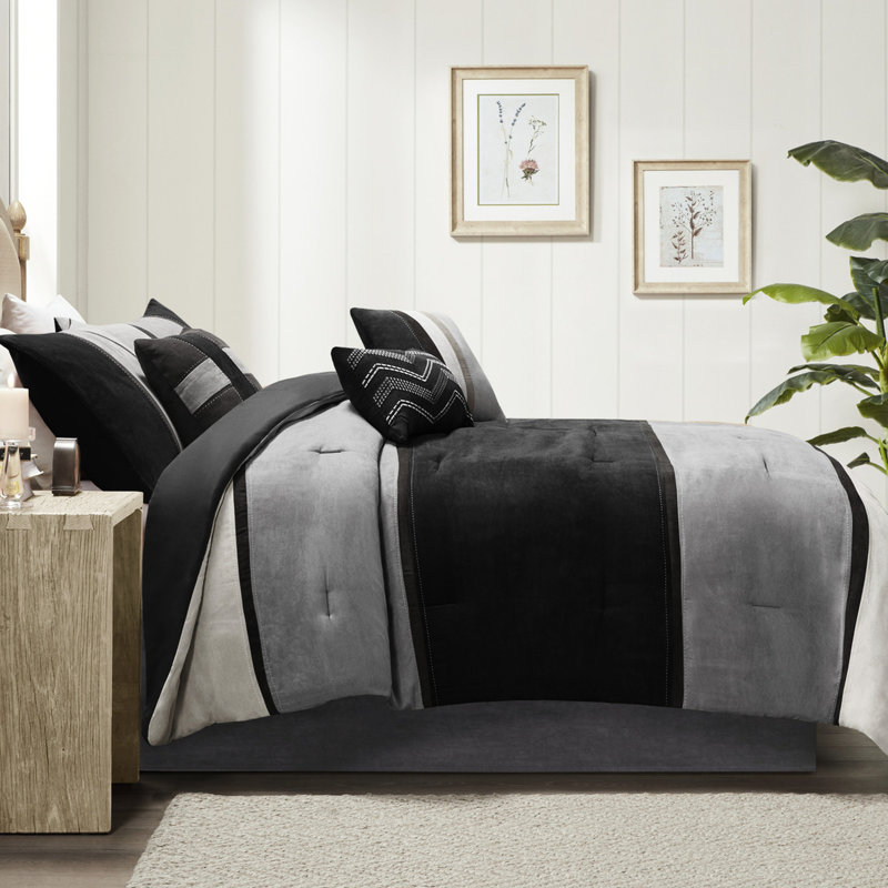 Édredon en faux suède 7 pièces pour grand lit noir - léger et respirant, Édredon de grande taille et 6 pièces supplément