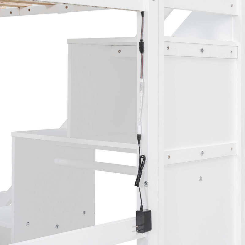Lit mezzanine simple avec deux commodes, bureau et bande lumineuse, Lit simple, Blanc