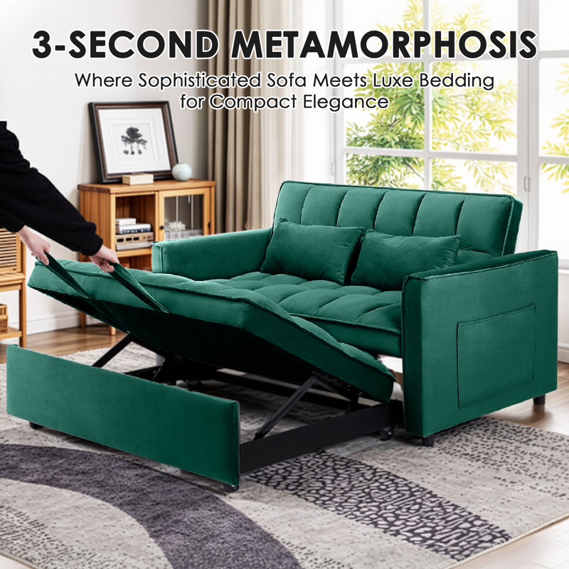3 in 1 Convertible Sleeper Sofa Bed, 55" Pull Out Couches, Modern Loveseat Sleeper Sofa with Adjustable Reclining Backrest & Side Pockets for Living Room, Velvet Fabric, Green