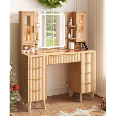 Bureau de coiffeuse cannelé avec miroir et lumières 43,3 po Roxaurx