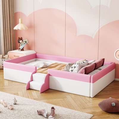 Upholstered Daybed Frame With Fence And Stairs,(PINK+WHITE)