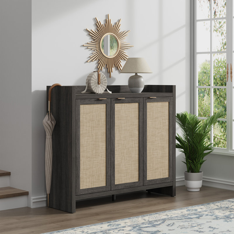 Chada 30 Pair Rattan Shoe Storage Cabinet With 3 Doors And Adjustable Shelves, Black