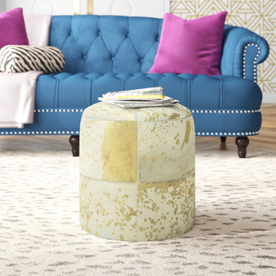 Alīna Leather Handmade Cowhide Living Room Stool with Patchwork Pattern