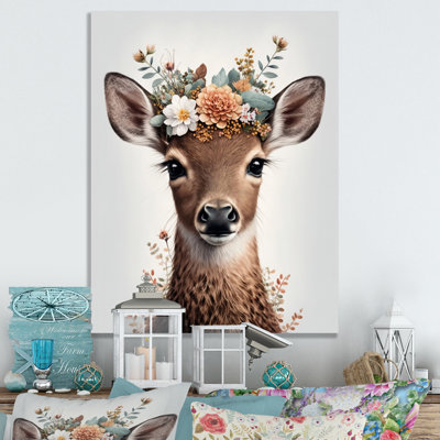 Mignon bébé cerf avec couronne florale III - animaux, art mural sur toile