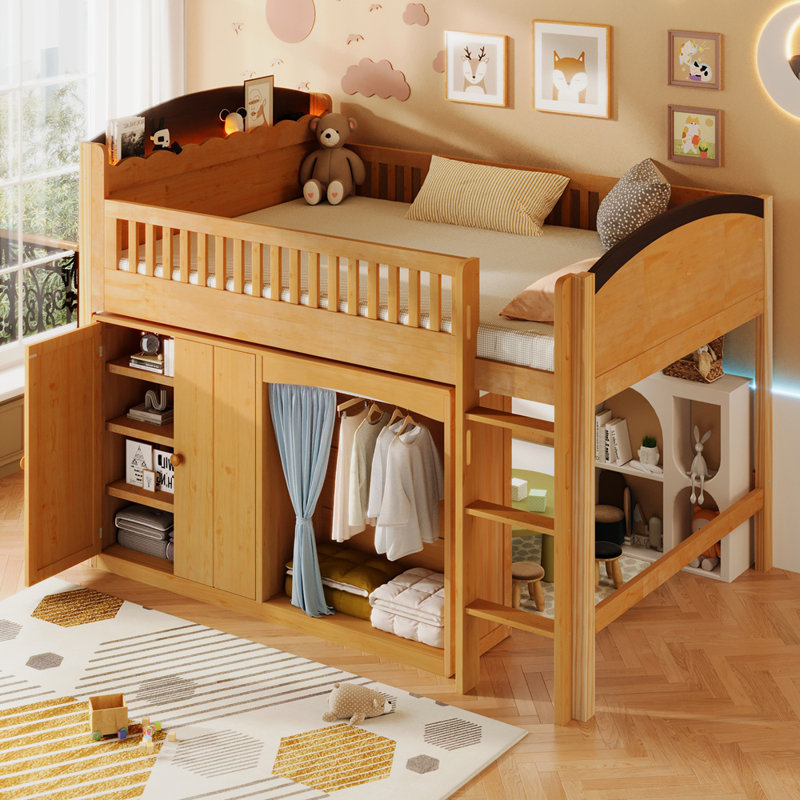Lit mezzanine double avec armoire de rangement, Bois, Lit double