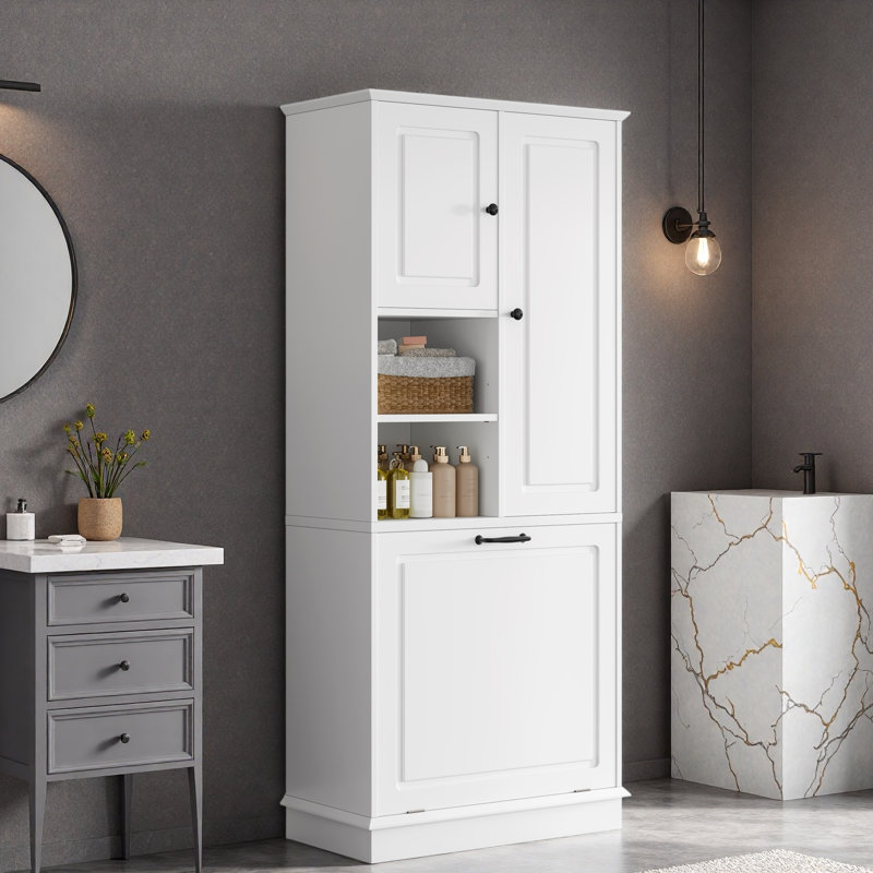Tall Bathroom Storage Cabinet With Adjustable Shelves, Large Flip-out Basket And Enclosed Cabinets, White