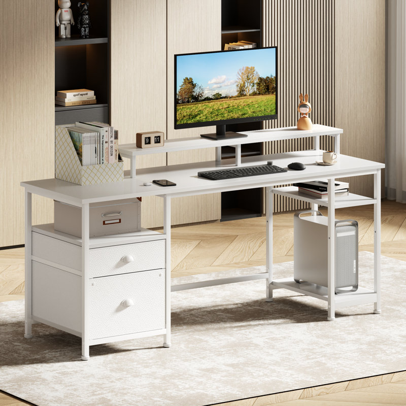 Computer Desk with 2 Drawers, Monitor Stand - Home Office Workstation, White, White
