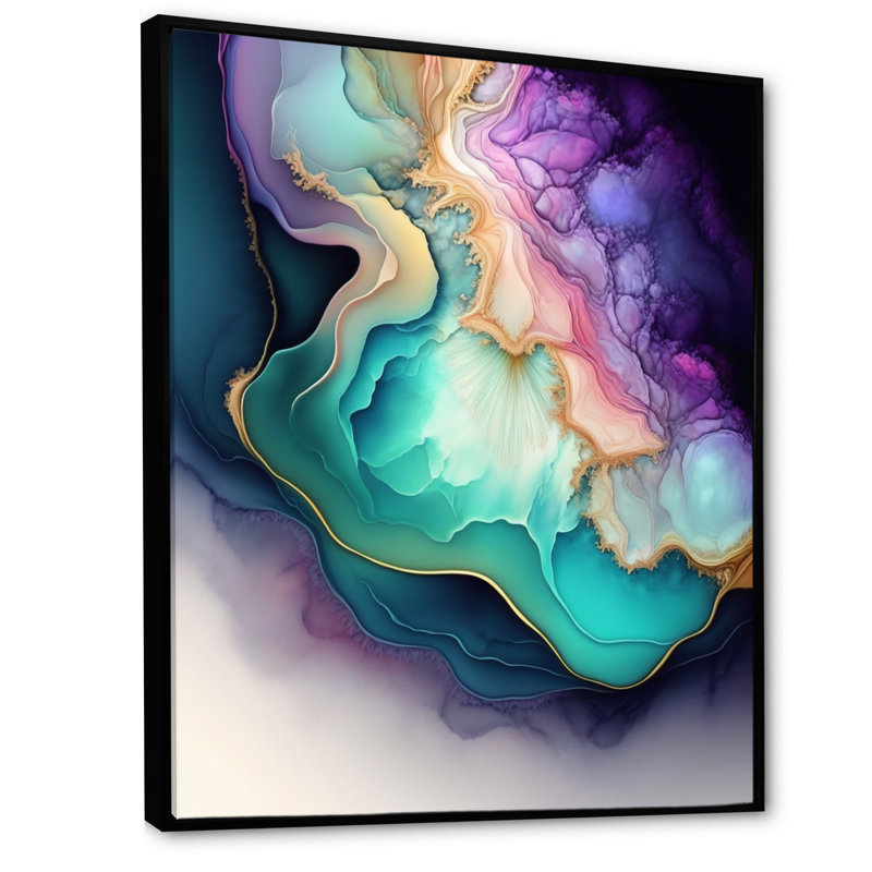 Bleu et mauve abstrait Geode II - art mural abstrait en marbre, H 20 po x l 12 po x P 1 po, Cadre flottant noir