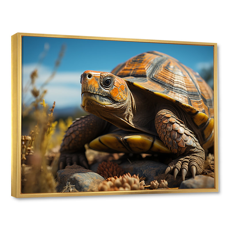 Reproduction d'art sur toile symbolisme - animal tortue, Cadre flottant doré, H 34 po x l 44 po x P 1,5 po