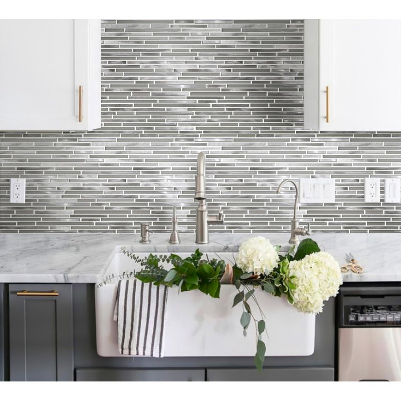 Waterfall Linear Glass And Metal Mosaic Tile, White/Silver