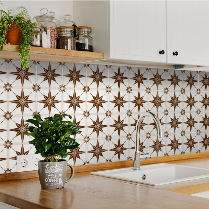 Brown and White Star Shaped Vinyl Peel and Stick Tile Set