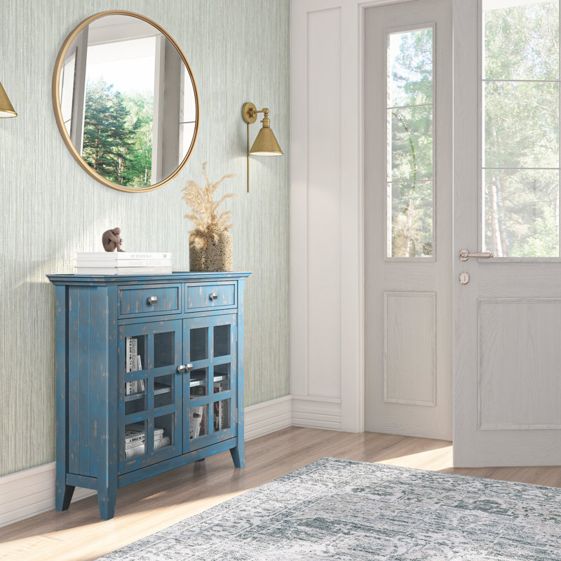 Acadian 36"W Solid Wood 2-Shelf Entryway Storage Cabinet with Glass Doors and 2 Drawers, Blue