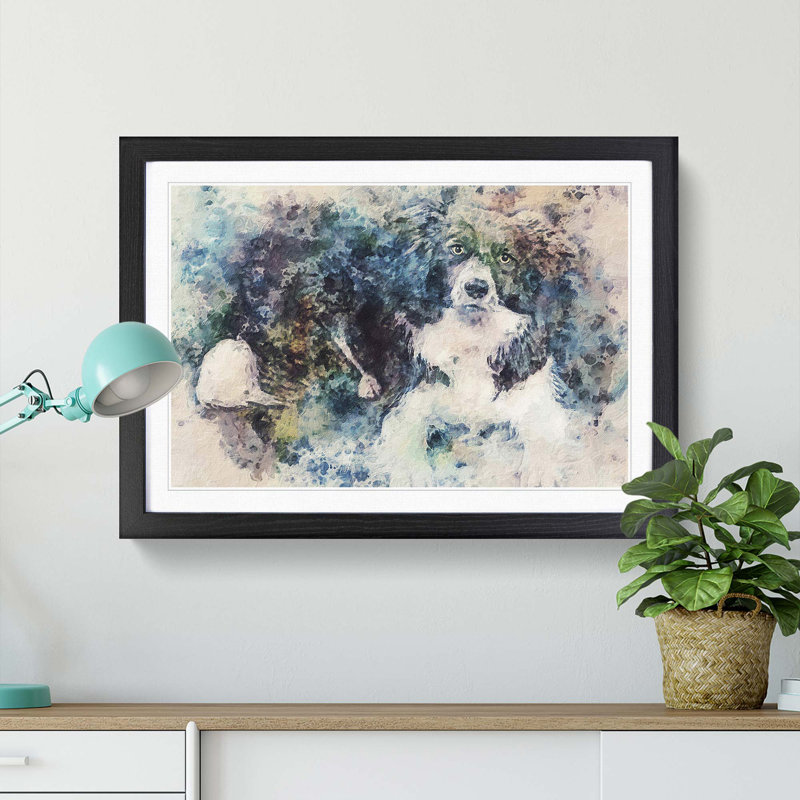 Resting Border Collie Dog in Abstract - Picture Frame Painting Print, 27cm H x 36cm W x 2cm D, Black Framed