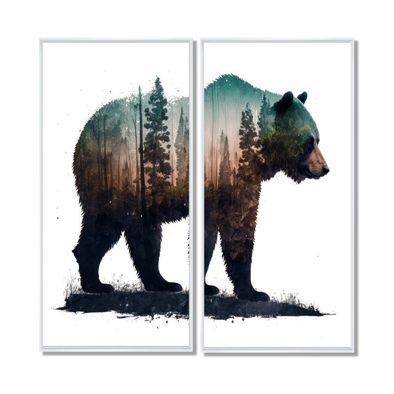 Double Exposure Of A Bear With Forest II - Animals Bear Wall Art 2 Pieces, 20" H x 24" W, Framed Print without Mat, White