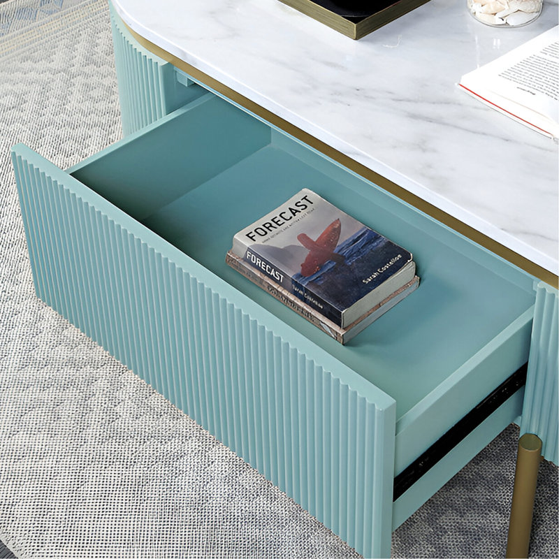 Console Shabby Chic en bleu sarcelle avec façade en faux marbre blanc et tablettes ouvertes