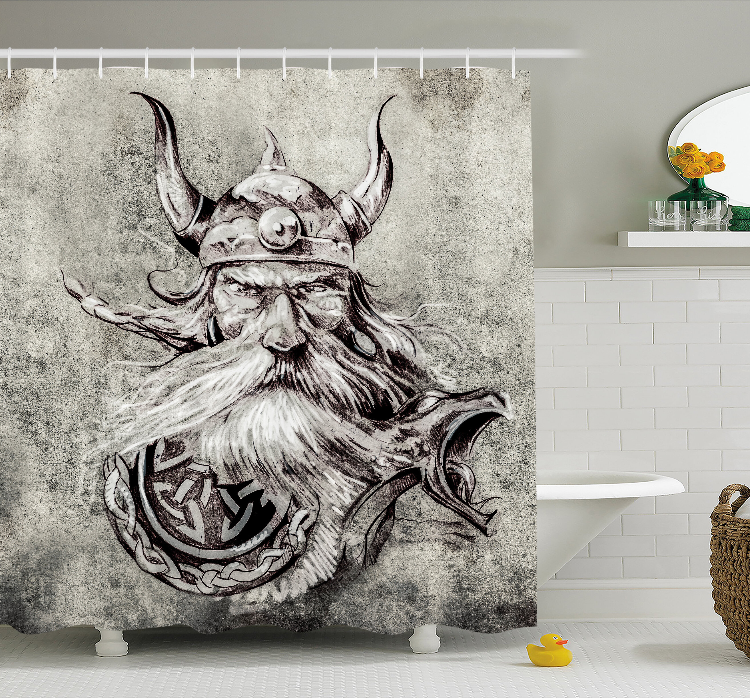 Ambesonne Tattoo Artistic Pencil Drawing of A Brave Viking Warrior with His Armour Image Shower Curtain Set, Size: 84 inch x 69 inch, Gray