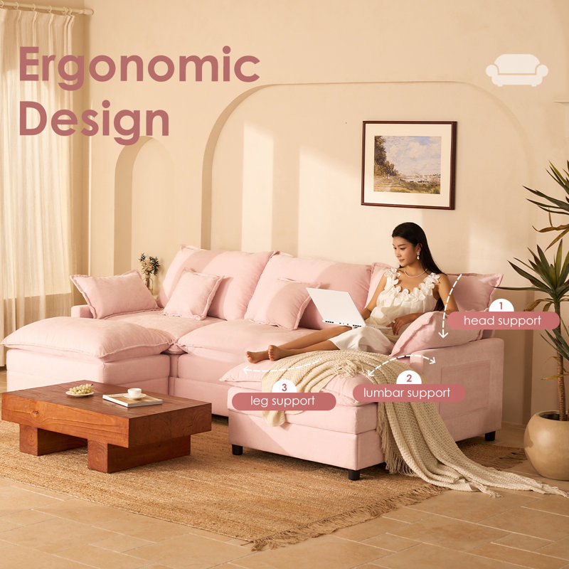 U-Shaped Modular Sectional Sofa, 274cm Cloud Deep Seat Sofa, Chenille Fabric Sofa Couch for Living Room & Lounge, Pink