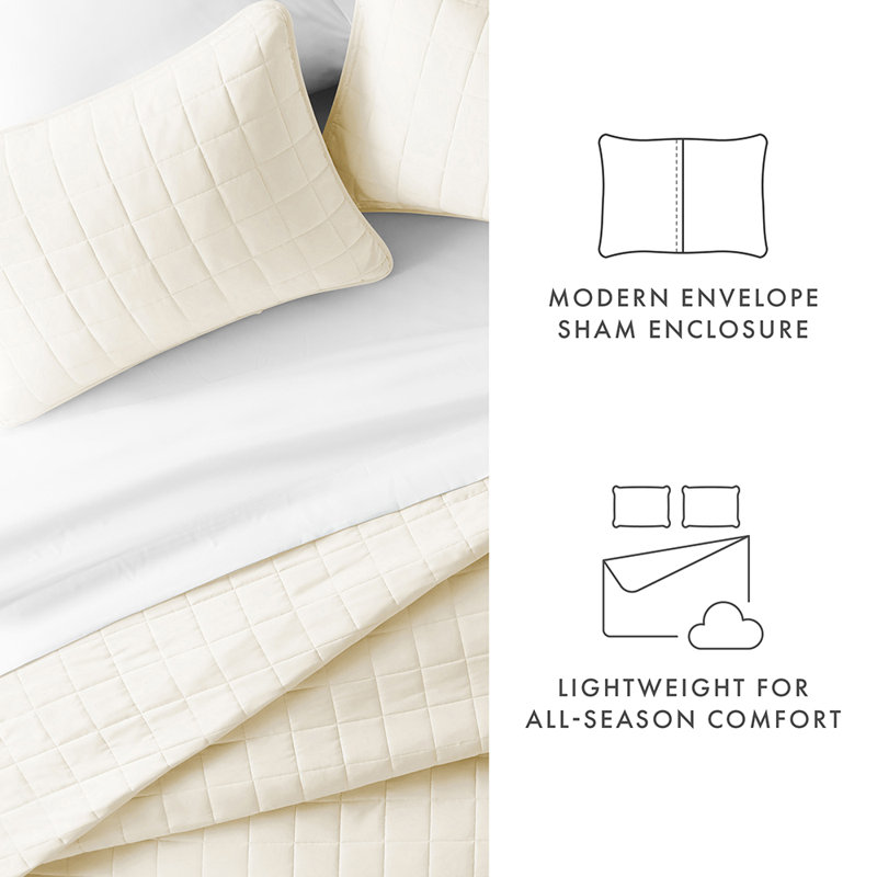 Quilt Coverlet Set All Season Microfiber Contemporary Ultra Soft Bedding in Square Stitch, Ivory