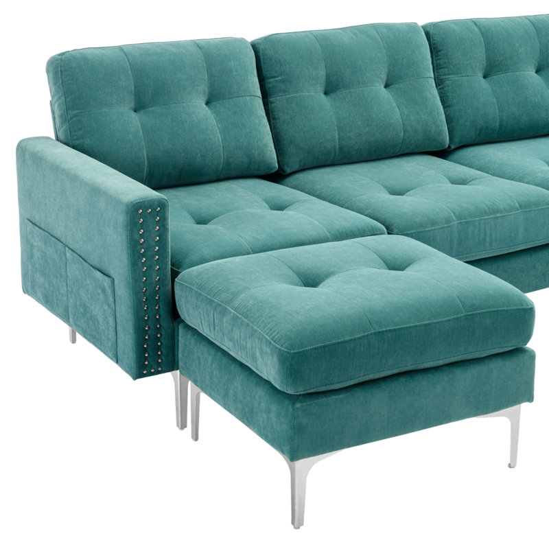 Canapé modulaire convertible en L 110 po, Velours jaune, Argent argent