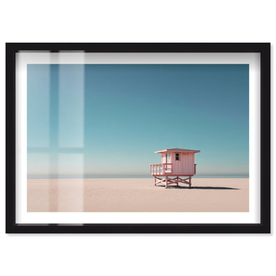 Pink Lifeguard Stand Shadowbox Print Coastal Wall Decor by Notoriart, Black Frame, 54 x 36