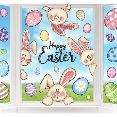 6 feuilles d'autocollants décoratifs pour fenêtres de Pâques, motif œufs de Pâques avec lapin. Autocollants double face imperméables et réutilisables, motif œufs et lapins peints à l'huile, pour la maison, le bureau, l'école, les fêtes de printemps et la décoration de vitrines.
