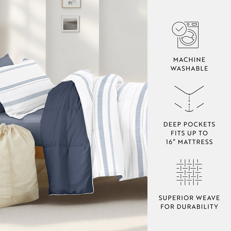 8-PC College Dorm Twin XL Bedding Bundle - Comforter Set, Sheet Set, Pillows and Laundry Bag, Stitched Stripe Stone