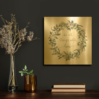 «Modern Farmhouse VI on White» par Anne Tavoletti, art mural en métal doré, 12 po x 12 po