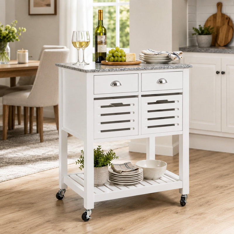 Chariot d'îlot de cuisine blanc, robuste et de style panneau avec tiroirs inférieurs et paniers coulissants en filet de métal; Chariot de rangement multifonctionnel avec roulettes omnidirectionnelles.
