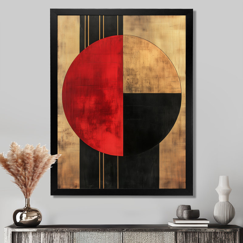 Cercle rouge dans la troisième révolution - Tableau géométrique encadré du Bauhaus, H 40 po x l 30 po, Black Picture Framed