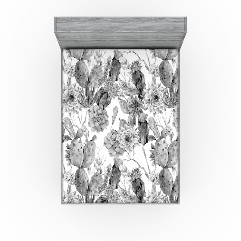 Ambesonne Cactus Fitted Sheet 2-Pack Boho Style Botanical Grey White, King Sheet Set