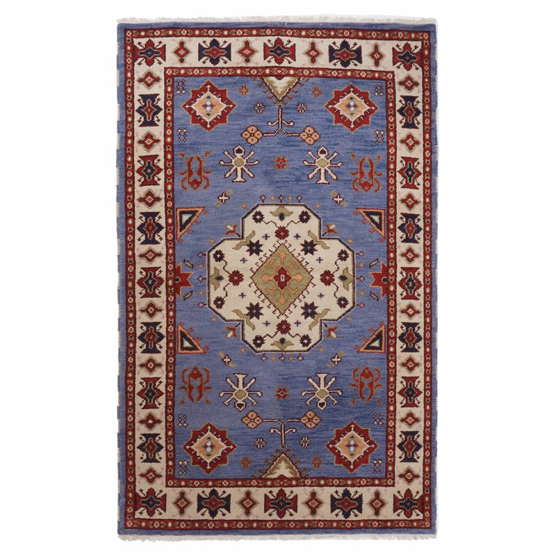 Tapis d'intérieur rectangulaire oriental fait main en soie et laine bleues et blanches, noué à la main