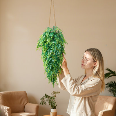 Artificial Ferns, Fake Hanging Boston Fern Bush Plant with 32 Inch Hanging Length, Plastic Faux Greenery for Indoor/Outdoor Decor, For Wall, Wedding Party, Home, Porch Garden, No Basket
