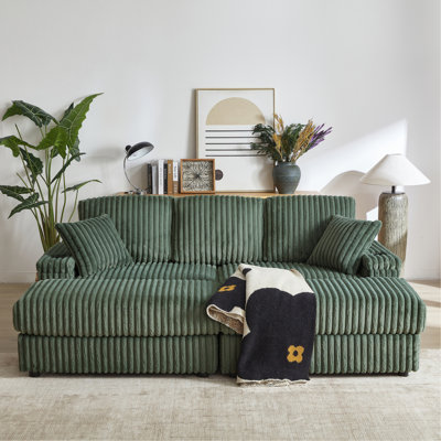 Canapé de 84 pouces en velours côtelé 3 places avec 3 coussins de dossier, 2 coussins décoratifs, 2 repose-pieds, 2 espaces de rangement et cannelures de maintien des tasses Canapé confortable pour le salon