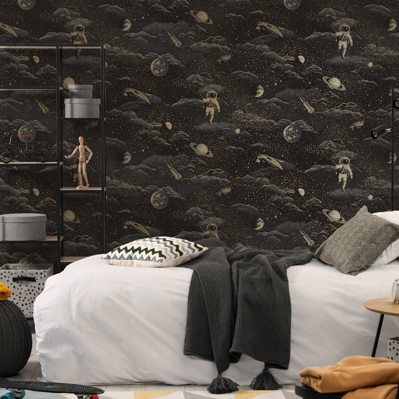 Lost In Space 10.05m x 53cm Matte Wallpaper Roll, Black Gold