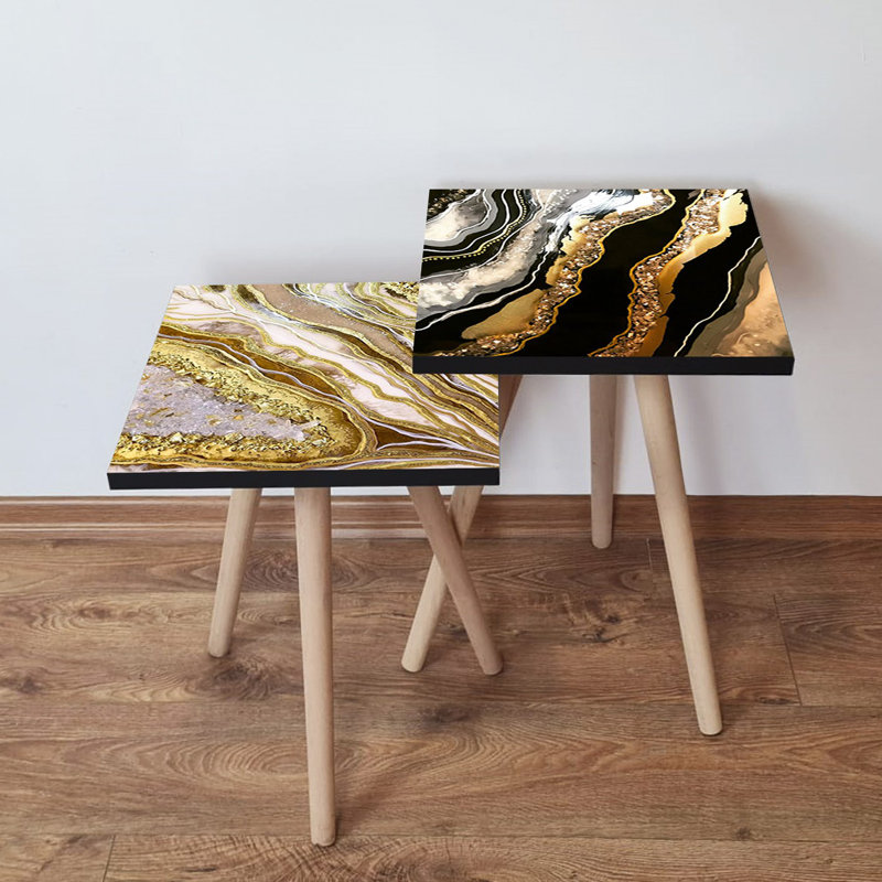 Elegant Nesting Tables (2 Pieces), Abstract Marble Design, Gold & White Finish | Bigger Table: 13.8 x 18.5 x 13.8 inches, Smaller Table: 13.8 x 16.5 x 13.8 inches | 100% MDF with Beech Wood Legs, Stylish & Versatile for Any Room