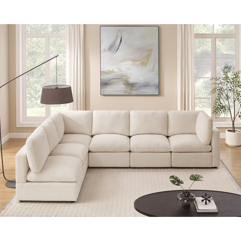 6-Piece L-Shaped Upholstered Symmetrical Sectional, Modular Sofa, Beige Polyester