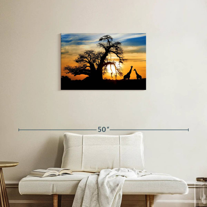 Coucher de soleil africain sur les girafes de Brampt, H 20 po x l 30 po