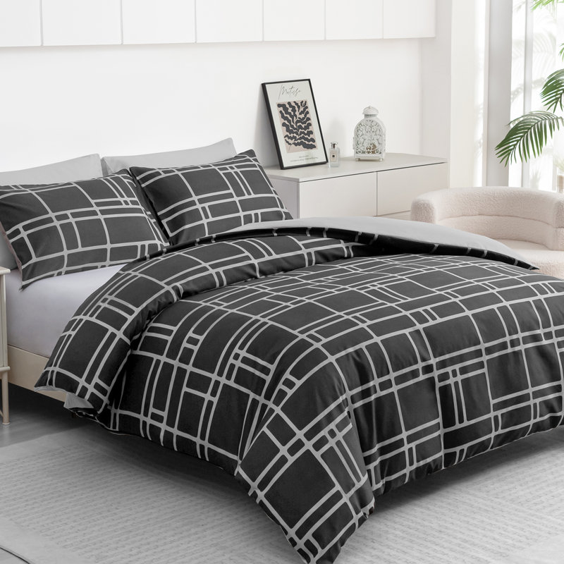 Microfiber Chequered Duvet Cover Set, Double (200cm x 200cm)