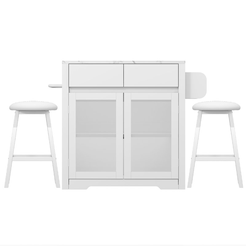  3 Pieces Kitchen Island Set With Storage Cabinet, Drawers, Power Outlets & 2 Stools, White, Faux Marble