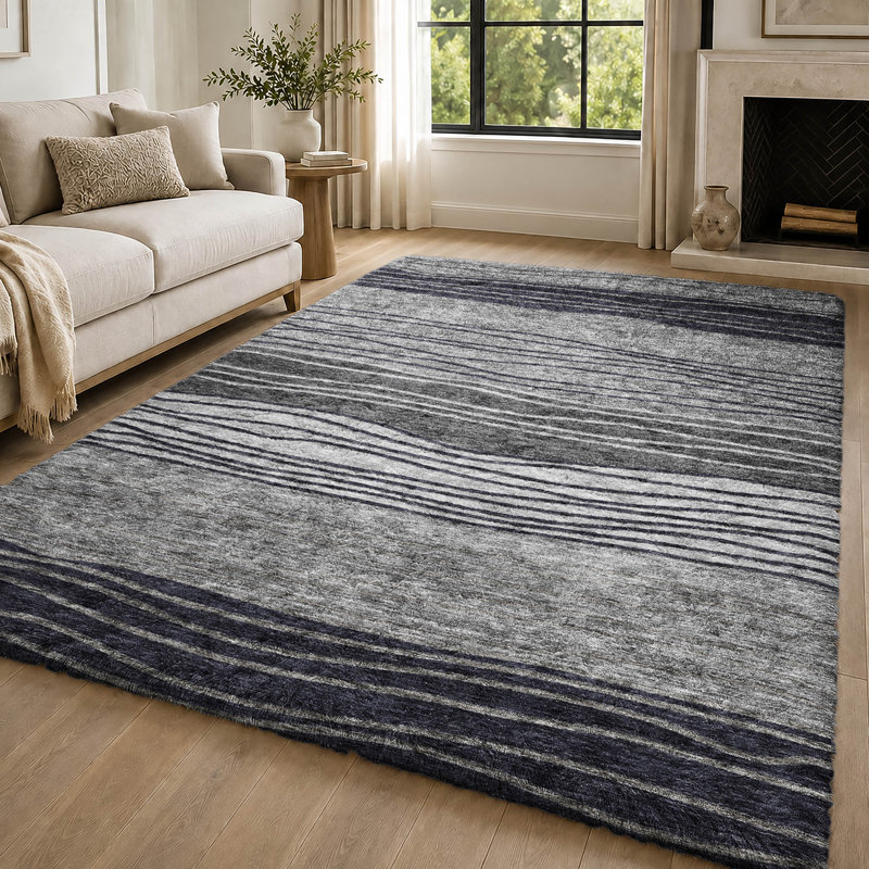 Tapis à rayures Dream Shag ADS735 lavable à la machine de qualité supérieure, Gris, 9' x 12'