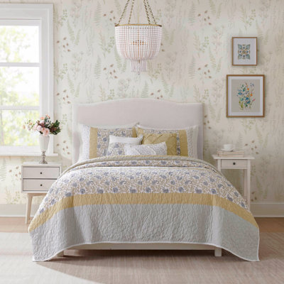 6 Piece Cotton Percale Quilt Set With Throw Pillows Yellow King/Cal King