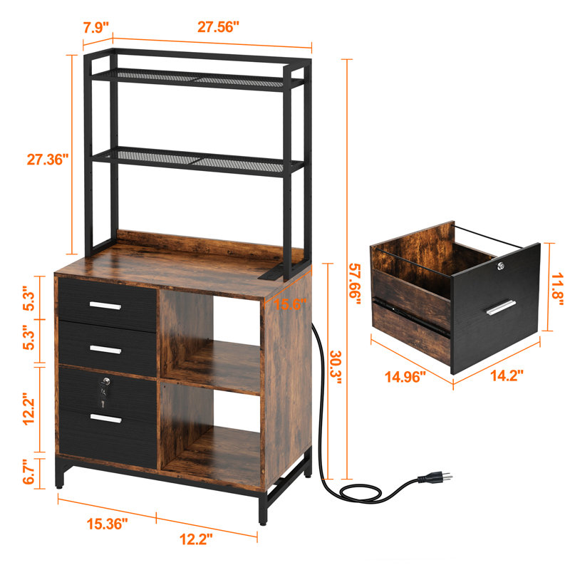 Livofloral 3 Drawer File Cabinet with Charging Station and Bookshelf for Home Office fits Letter/A4, Brown/Black