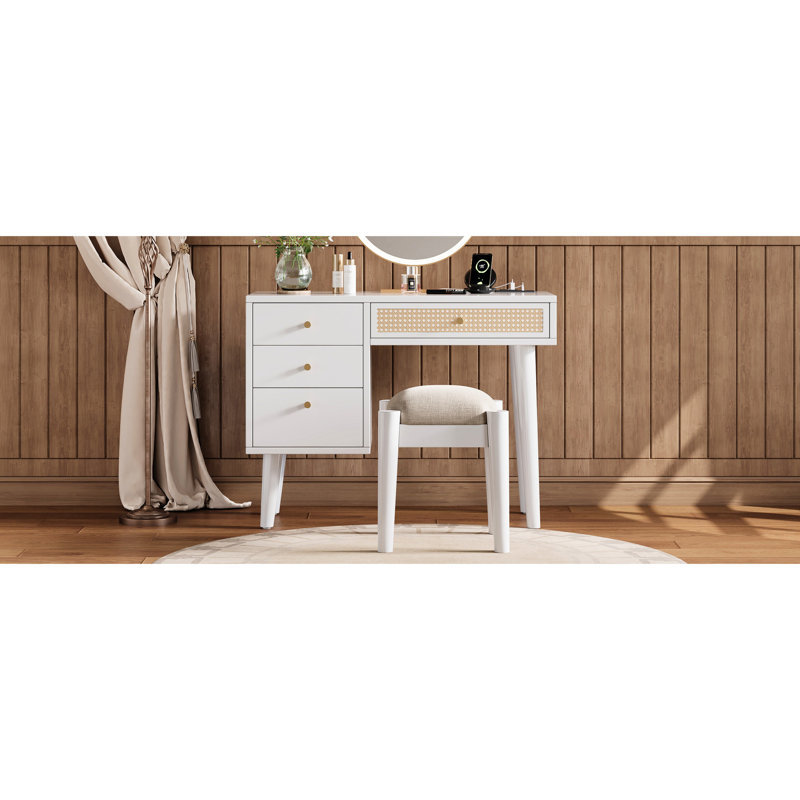 Coiffeuse 39 po avec tabouret - blanc, 4 tiroirs, bohème rétro, prise de charge et fonction de tiroir de rangement blanc stable