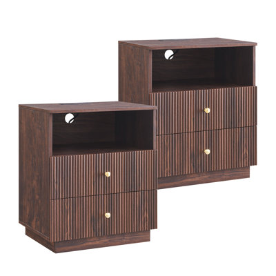 25.98" Tall Modern End Table Set of 2, 21.65" Wide Wood End Table with Charging Station, Storage Drawers w/Fluted Profile Design for Bedroom,Brown