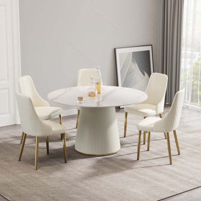 5 pièces 53,15 pouces table de salle à manger moderne en pierre artificielle blanche avec 4 chaises rembourrées en polyuréthane
