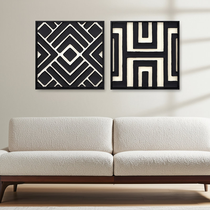 Décoration murale décorative en toile géométrique pour la maison - œuvre d'art encadrée ou impression murale pour le style de couloir et de vestibule - ensemble de 2, 20 po, noir / crème