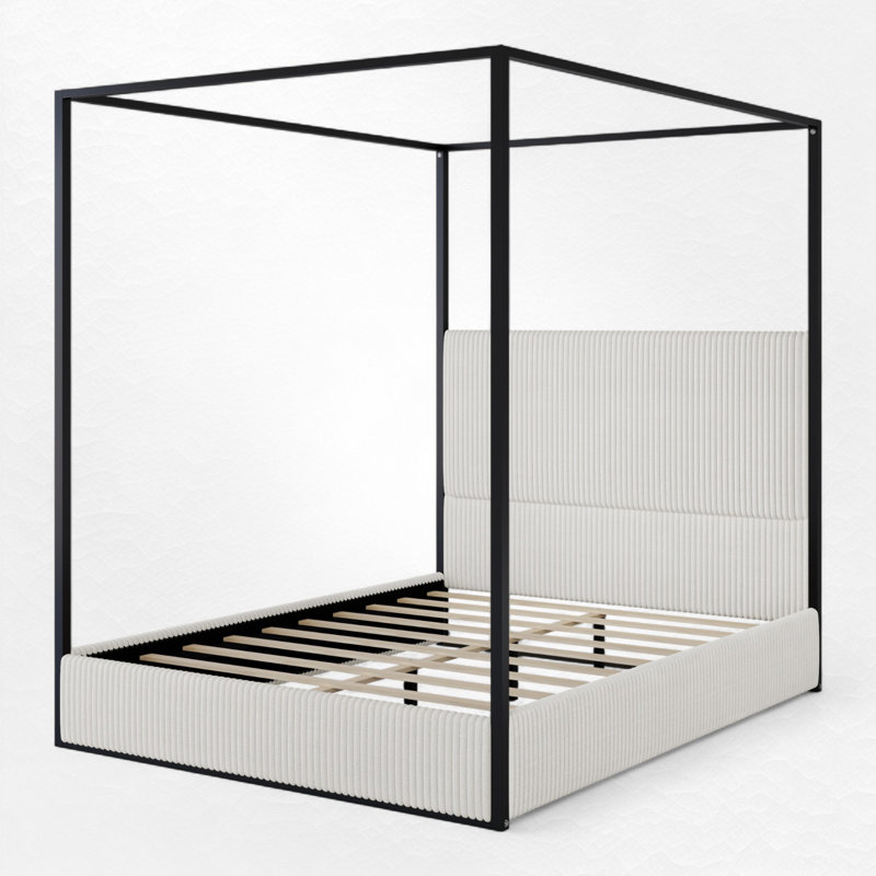 Upholstered Metal Canopy Bed, White/Black, Queen