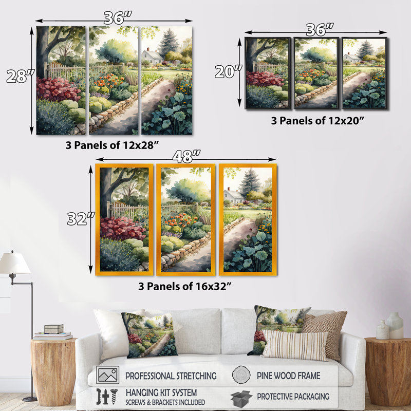 Fresh Garden At The Cottage III - 3 pièces, reproduction sur cadre flottant sur toile, Noir, H 28 po x l 36 po x P 1 po